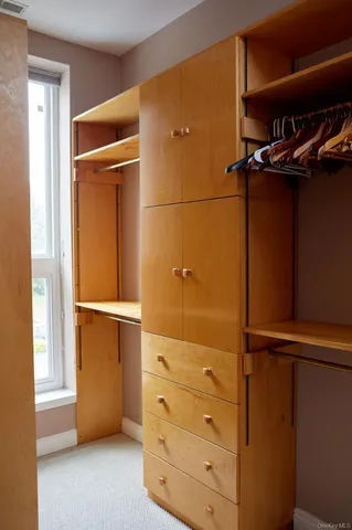 a view of walk in closet with clothes