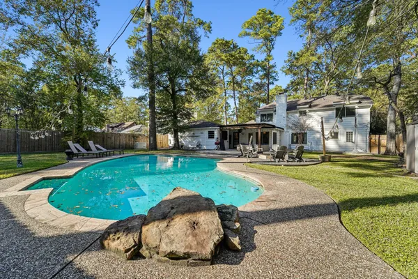 a view of a park with large trees
