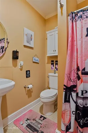 a bathroom with a toilet and a shower curtain