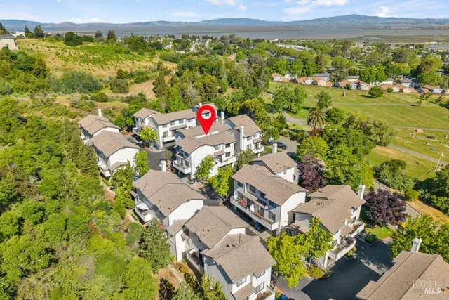 an aerial view of residential houses with outdoor space
