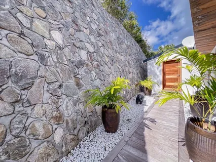 a view of a patio with chairs and potted plants