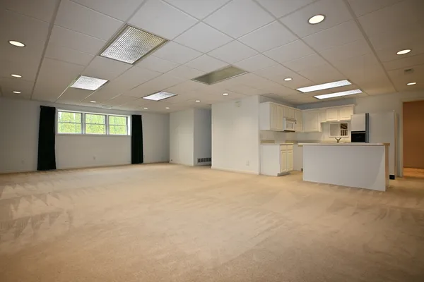 a view of a hallway with bathroom