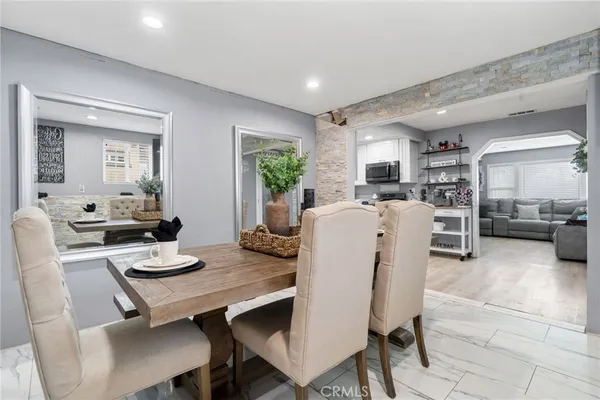 a view of a dining room with furniture