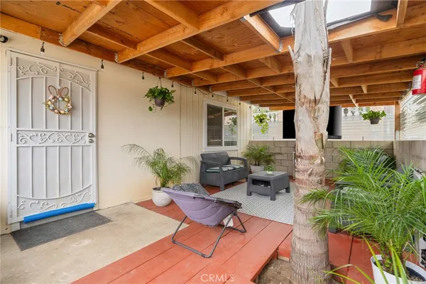 a building outdoor space with patio furniture