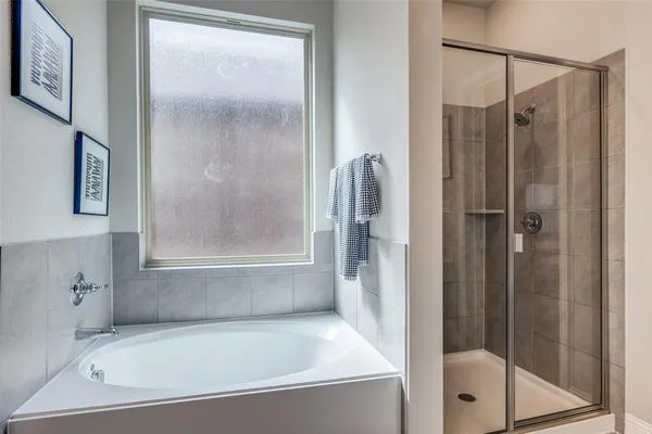 a bathroom with a bathtub and a shower