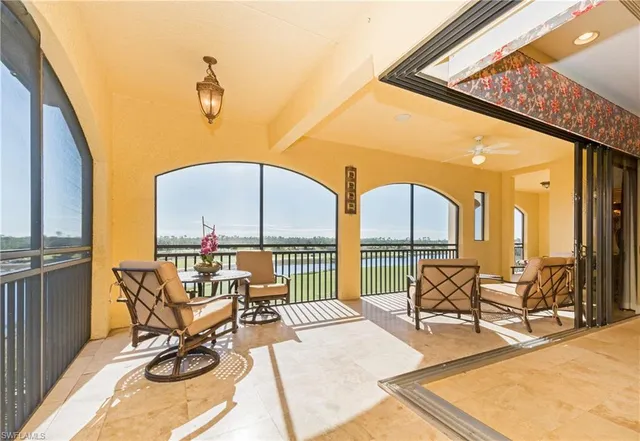 a building outdoor space with patio furniture