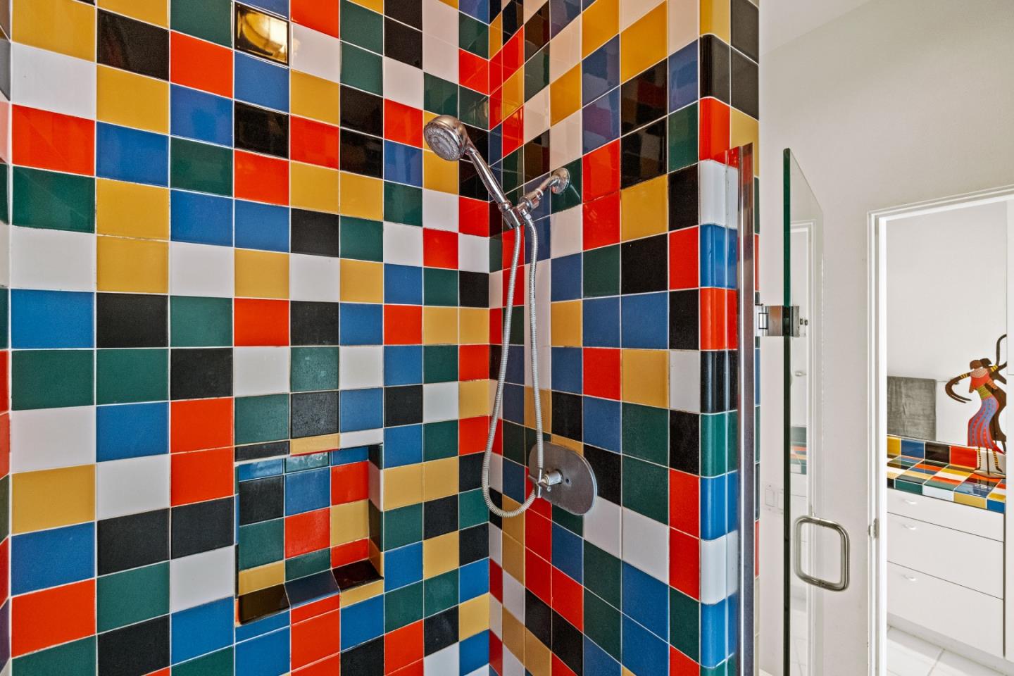 10450 Saddle Road Monterey, CA 93940 - Photo 45 of 49 a view of a bathroom with a shower and a white checkered checkered floor