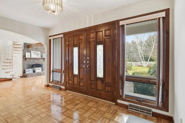 a view of a room with a large windows