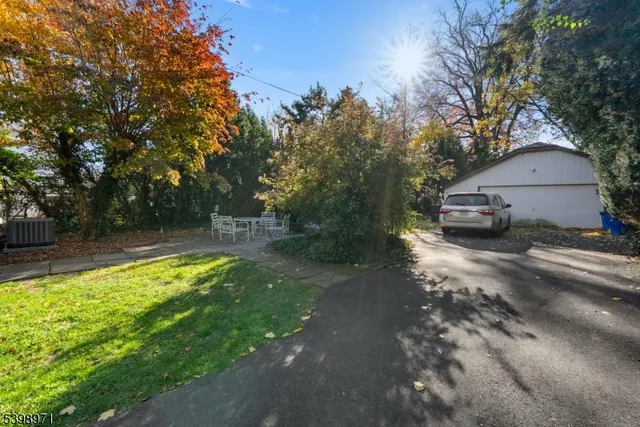 a view of a backyard with large trees