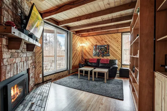 a view of a livingroom with furniture and a fireplace