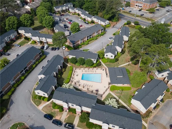 an aerial view of a swimming pool