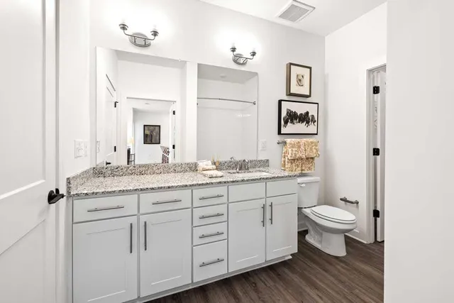 a bathroom with a granite countertop toilet sink and a mirror