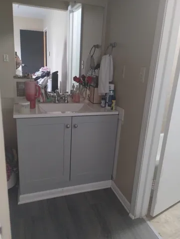 a bathroom with a sink and mirror