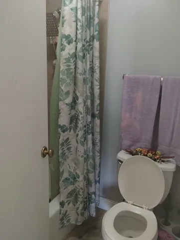 a bathroom with a toilet and a shower