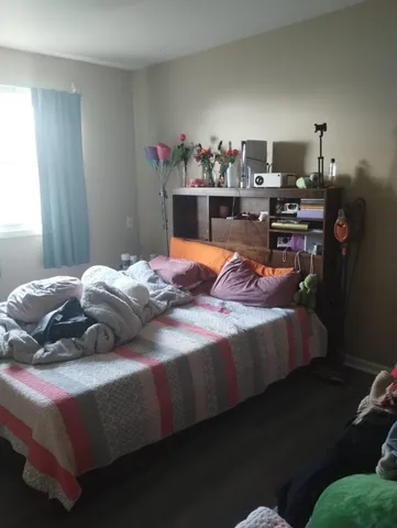 a bedroom with a bed and dresser