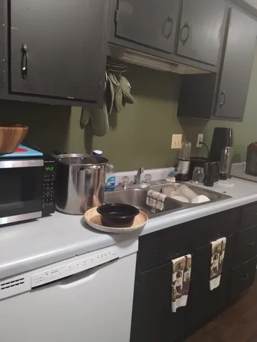 a kitchen with a sink and a stove with wooden floor
