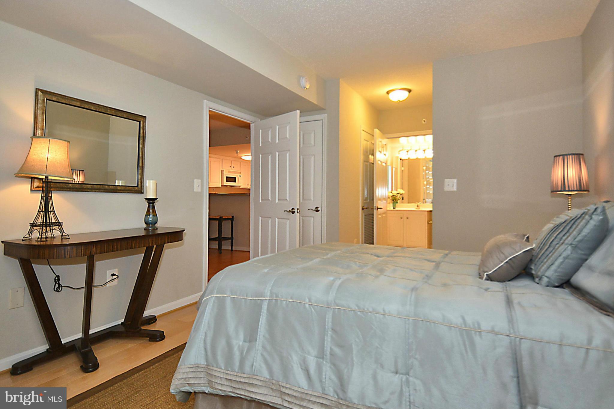 11710 Old Georgetown Road, Unit 419 North Bethesda, MD 20852 - Photo 12 of 30 a bedroom with a bed a mirror on the dresser and a chandelier