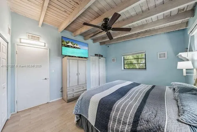 a bedroom with a bed and a painting on the wall