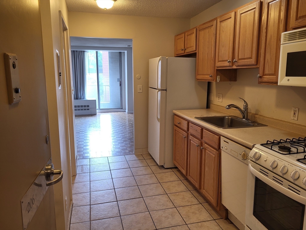 44 Washington Street, Unit 206 Brookline, MA 02445 - Photo 5 of 26 a kitchen with a stove a refrigerator and a sink