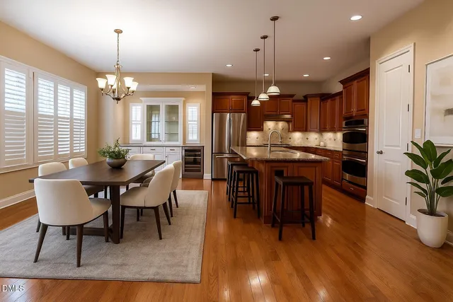 a dining room with furniture a chandelier and wooden floor