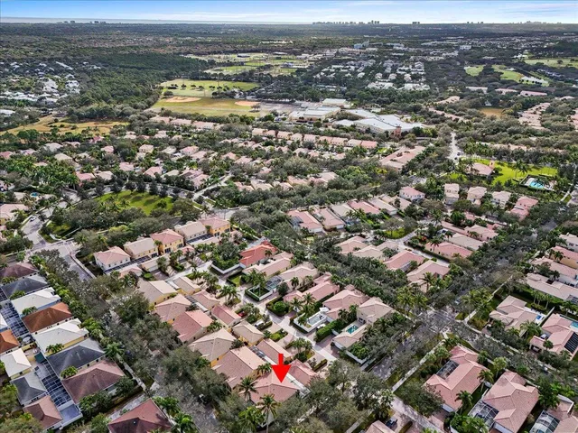 an aerial view of a house with a yard and potted plants