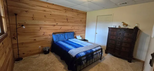 a bedroom with a bed and furniture