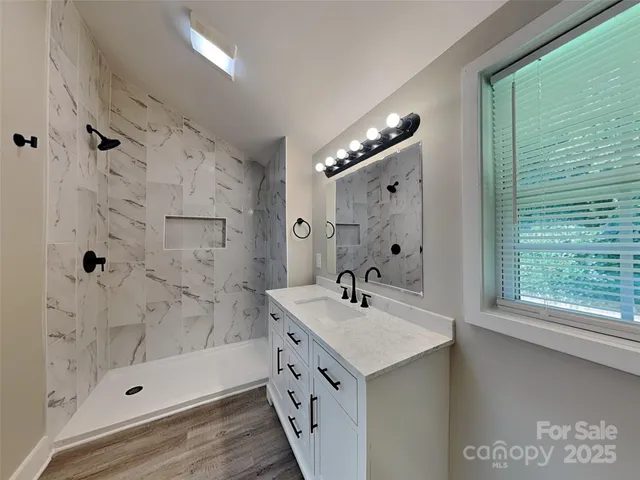 a bathroom with a sink mirror and shower