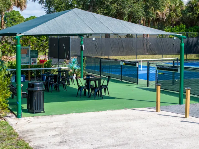 a view of a swimming pool with outdoor seating