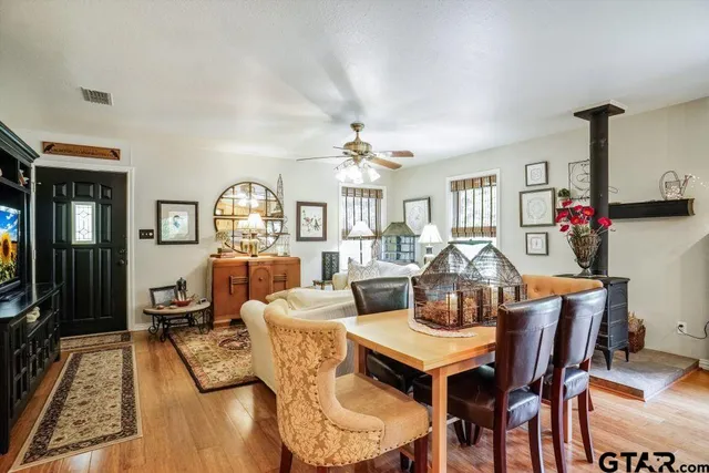 a view of a dining room with furniture