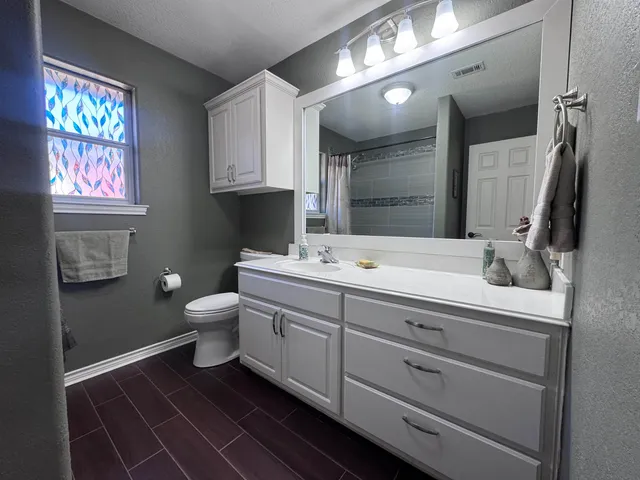 a bathroom with a sink double vanity and a toilet
