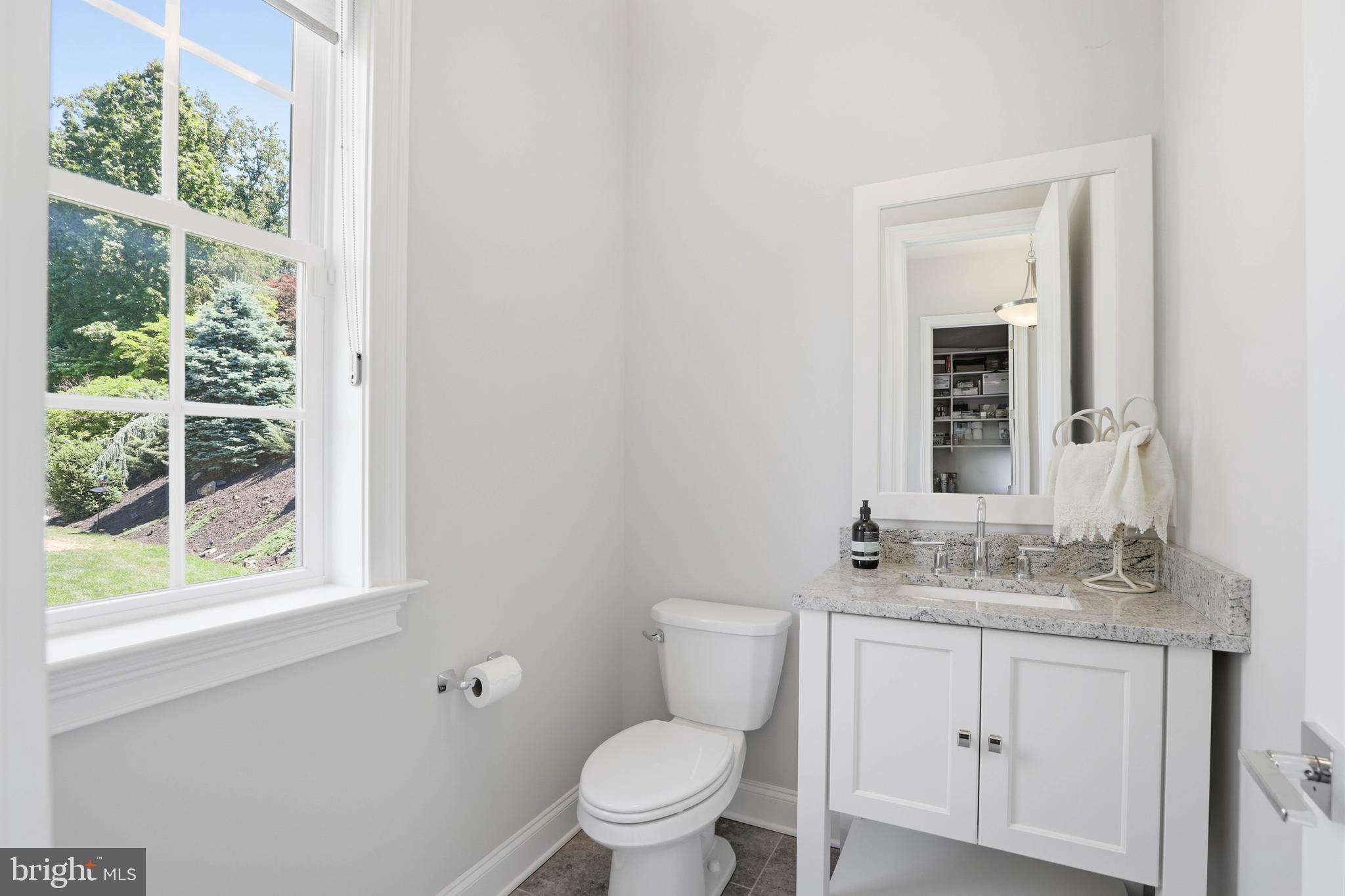 360 Addison Place Lancaster, PA 17601 - Photo 27 of 78 a bathroom with a granite countertop toilet a sink a window and a mirror