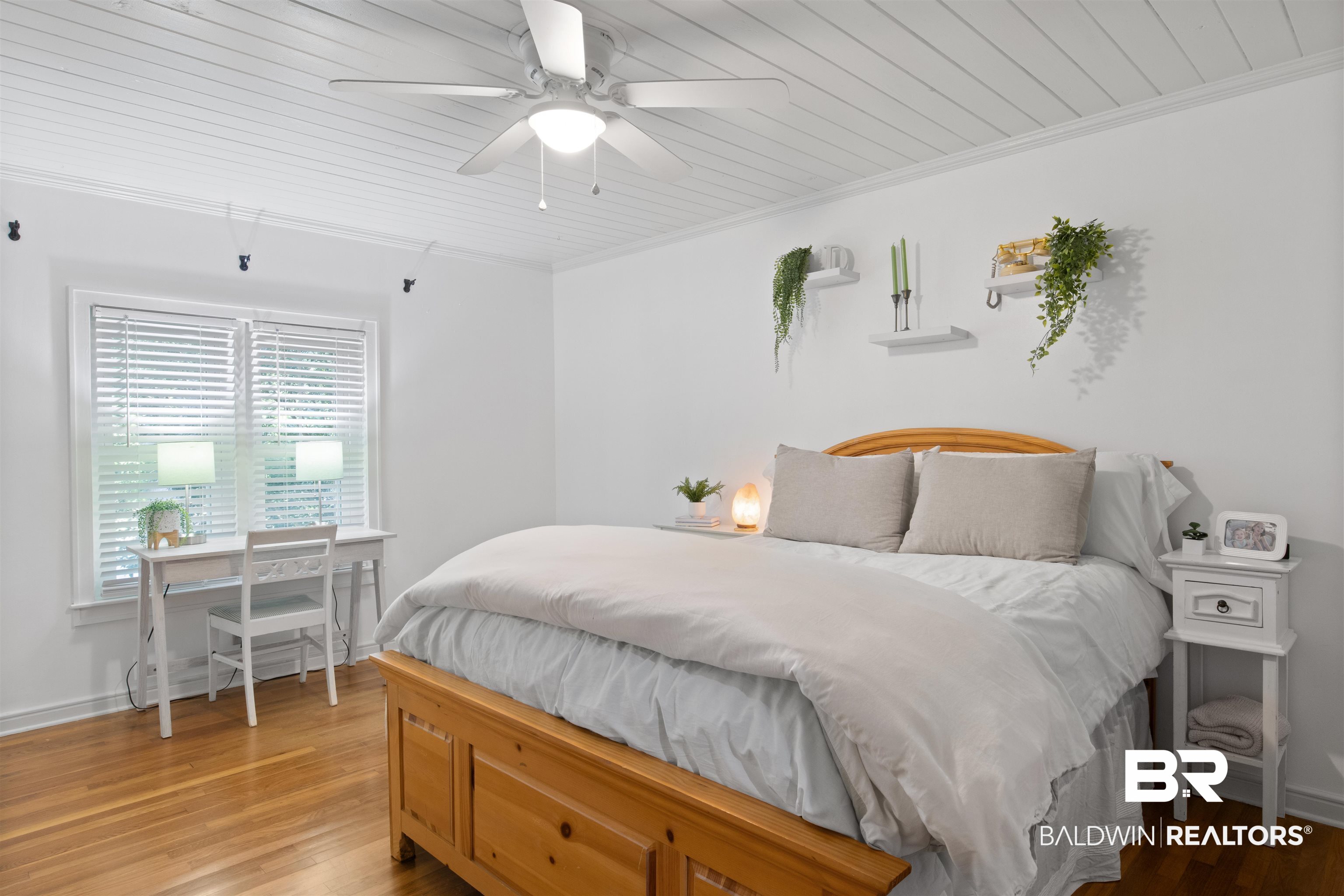 15100 Vasko Road Silverhill, AL 36576 - Photo 24 of 51 Bedroom with crown molding, wood-type flooring, and ceiling fan