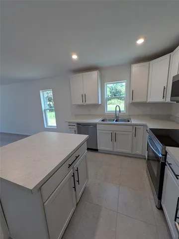 a kitchen with a cabinets a sink a window and stainless steel appliances