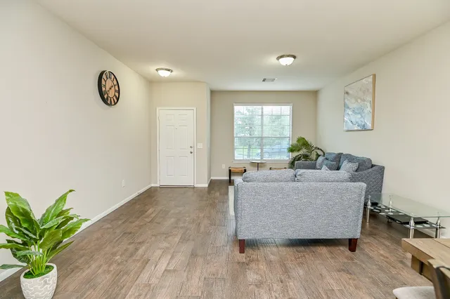 a living room with furniture and a potted plant