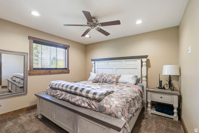 781 West 3000 South Heber City, UT 84032 - Photo 11 of 30 Bedroom featuring ceiling fan, dark colored carpet, and recessed lighting