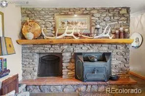 a fireplace with a wooden floor