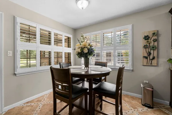 a view of a dining room with furniture window and outside view