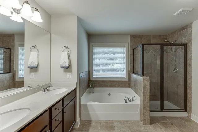 a bathroom with a tub a sink shower and mirror