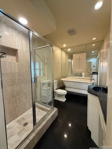 a bathroom with a double vanity sink toilet and shower