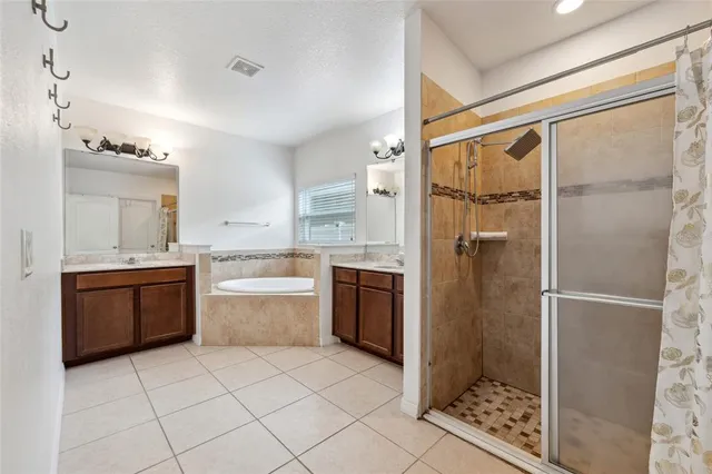a bathroom with a tub sink shower and mirror
