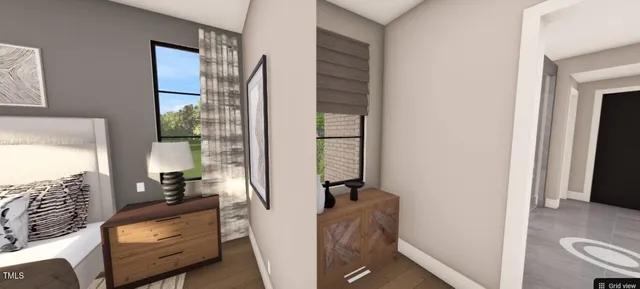 a building outdoor space with patio furniture and a potted plant