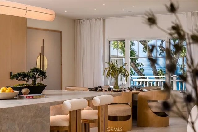 a dining room with furniture and a potted plant