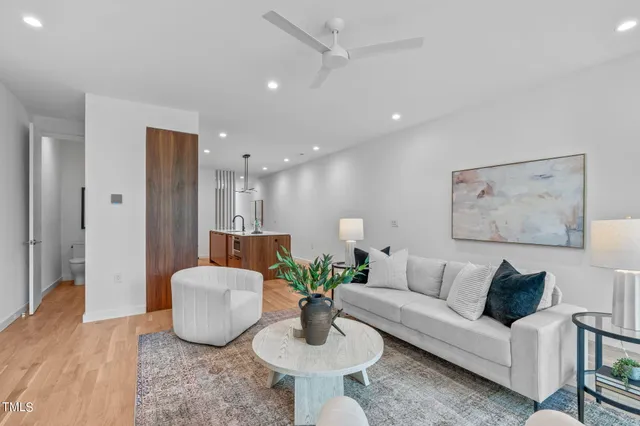 a living room with furniture and a potted plant