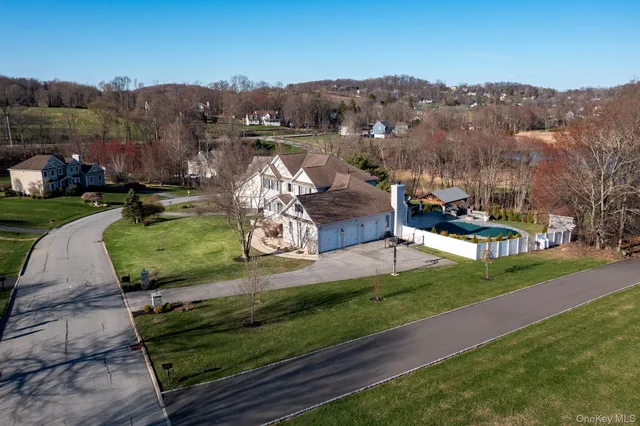 a view of a garden with mountains in the background