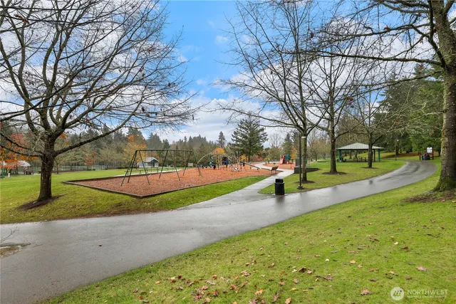 a park with large trees and a bench
