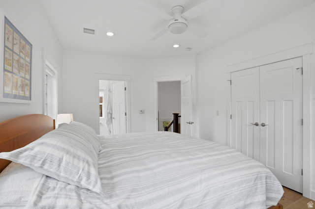 2450 Snake Creek Road Midway, UT 84049 - Photo 14 of 34 Bedroom with recessed lighting, ceiling fan, a closet, wood finished floors, and ensuite bathroom
