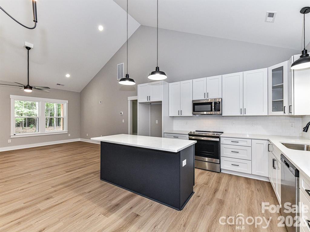6720 Jesse Rushing Road Marshville, NC 28103 - Photo 11 of 28 a large kitchen with stainless steel appliances granite countertop a stove a sink dishwasher a refrigerator white cabinets and wooden floor next to a window