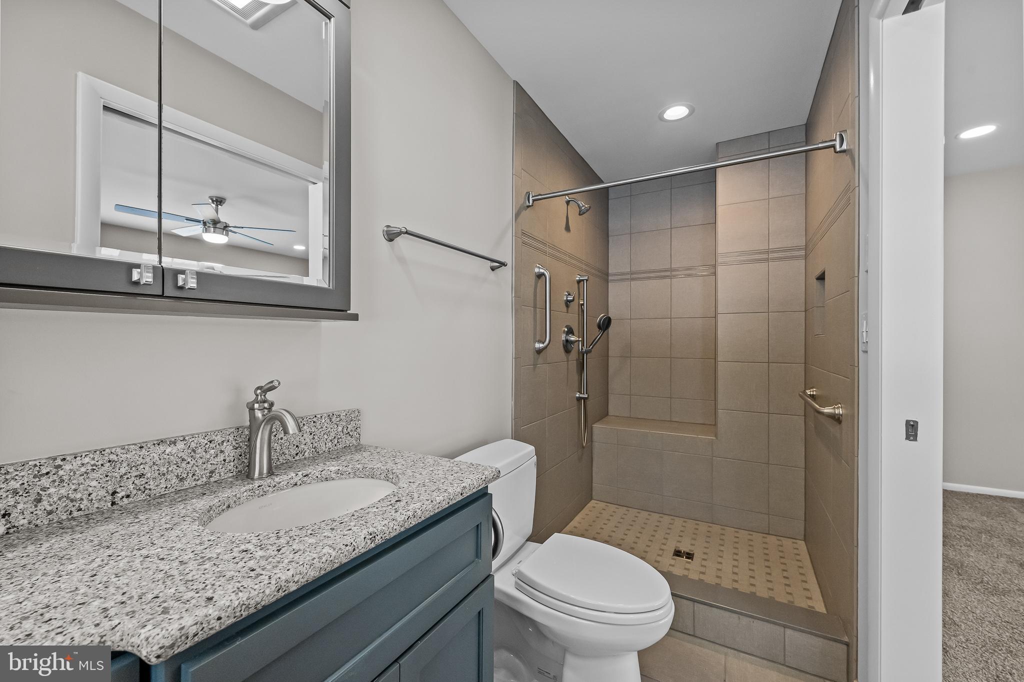 21830 Vaughn Road Georgetown, DE 19947 - Photo 14 of 39 a bathroom with a granite countertop sink a toilet and shower