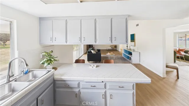 a kitchen with a sink a window and cabinets