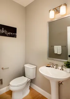 a bathroom with a sink a toilet and mirror